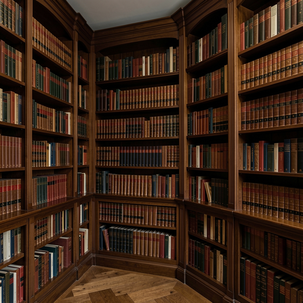 Vaste bibliothèque personnelle avec étagères en bois sombre remplies de livres reliés, lumière tamisée d'une lampe de bureau vintage, atmosphère studieuse et intemporelle