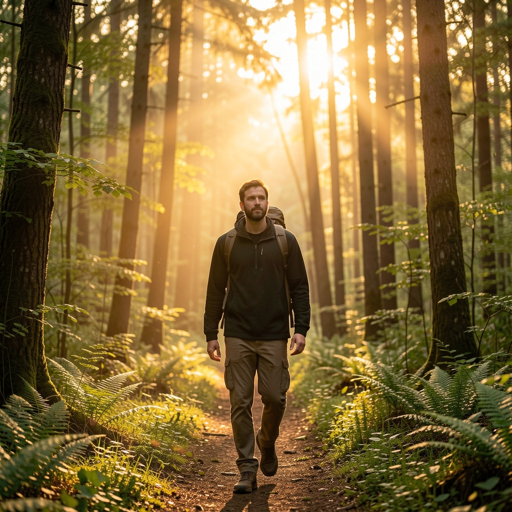 Homme en milieu de quarantaine marchant dans une forêt verdoyante au lever du soleil, lumière dorée filtrant à travers les arbres, atmosphère calme et apaisante