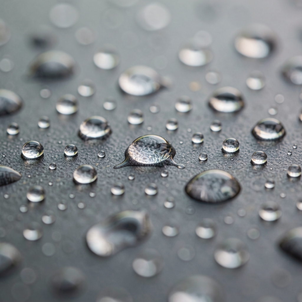 Photographie macro de gouttes d'eau sur une surface végétale verte, reflets lumineux dans les gouttelettes, fond flou avec nuances de vert profond